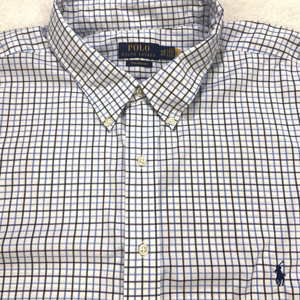Polo RL Shirt Men 4XL Big Blue Plaid Button Down Performance L/S Preppy